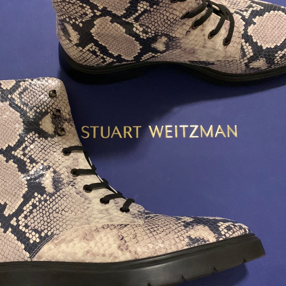 Stuart weitzman | snake print combat boots | mix of black, beige and off white
